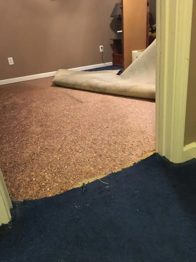 Carpet pad removal revealing water damage during Drying & Dehumidification in New Lenox